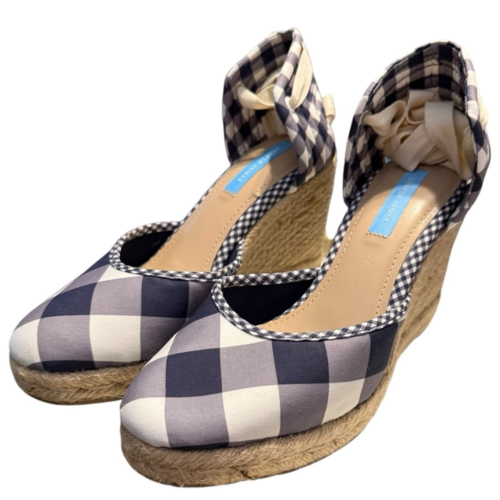 Draper‎ James Navy Gingham Espadrille Wedges Size 8 Ankle Wrap Southern Chic - Picture 9 of 13